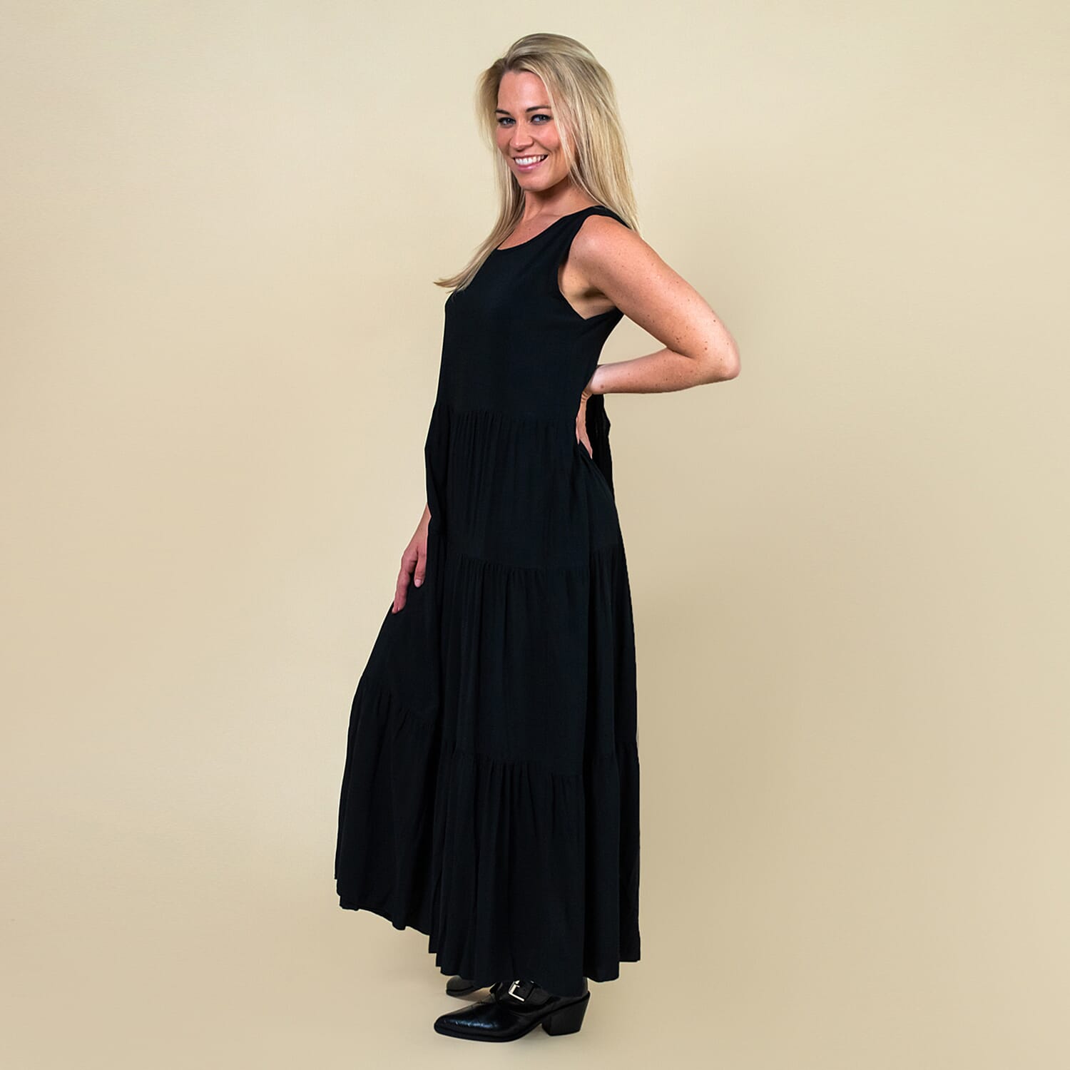 TAMSY 100% Viscose Open Back Midi Dress One Size,  (Fits Size 8-20 ) - Black