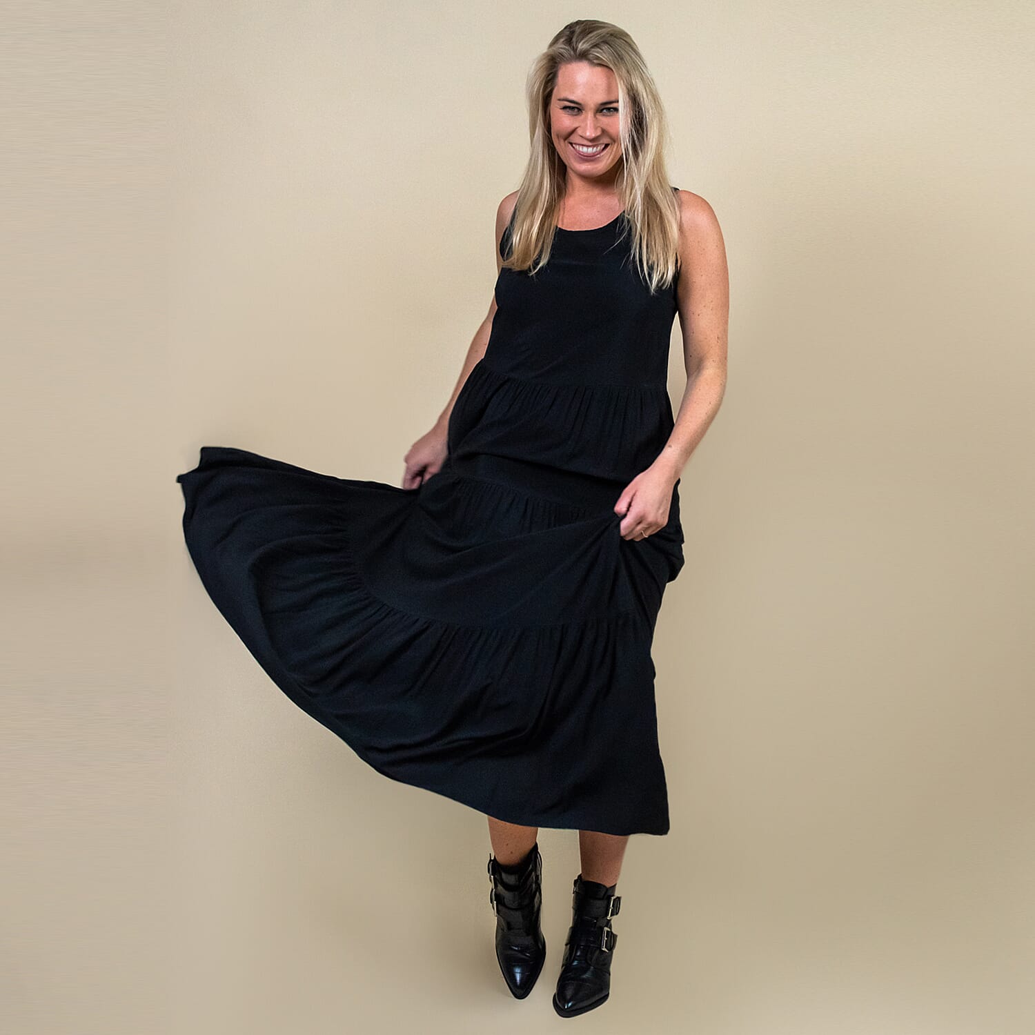 TAMSY 100% Viscose Open Back Midi Dress One Size,  (Fits Size 8-20 ) - Black