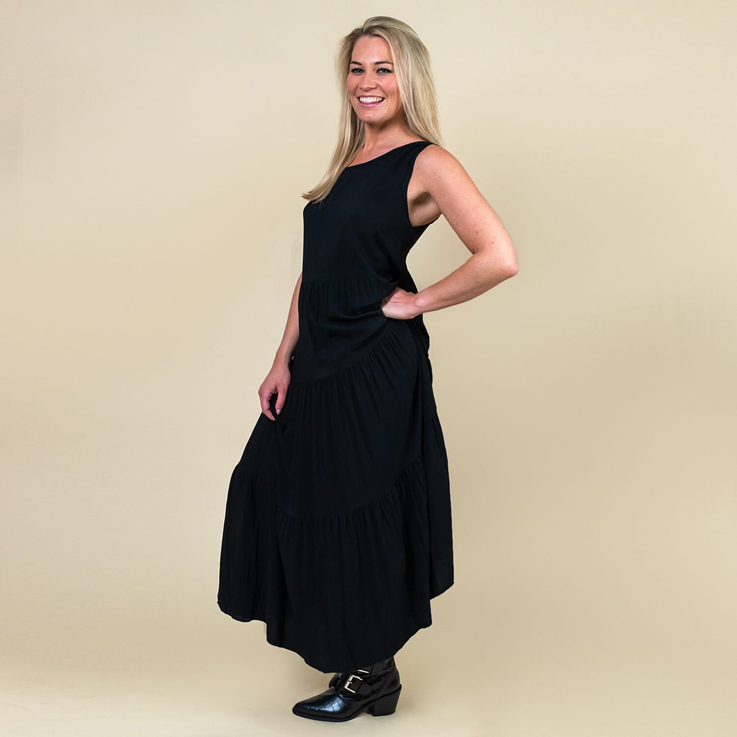 TAMSY 100% Viscose Open Back Midi Dress One Size,  (Fits Size 8-20 ) - Black