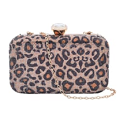 Leopard Pattern White Austrian Crystal Studded Clutch Bag with Long Chain Strap (Size 20x12x4 Cm) - Brown & Champagne