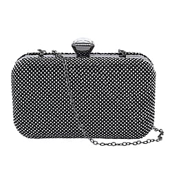 DOD - White Austrian Crystal Studded Clutch Bag with Long Chain Strap - Black