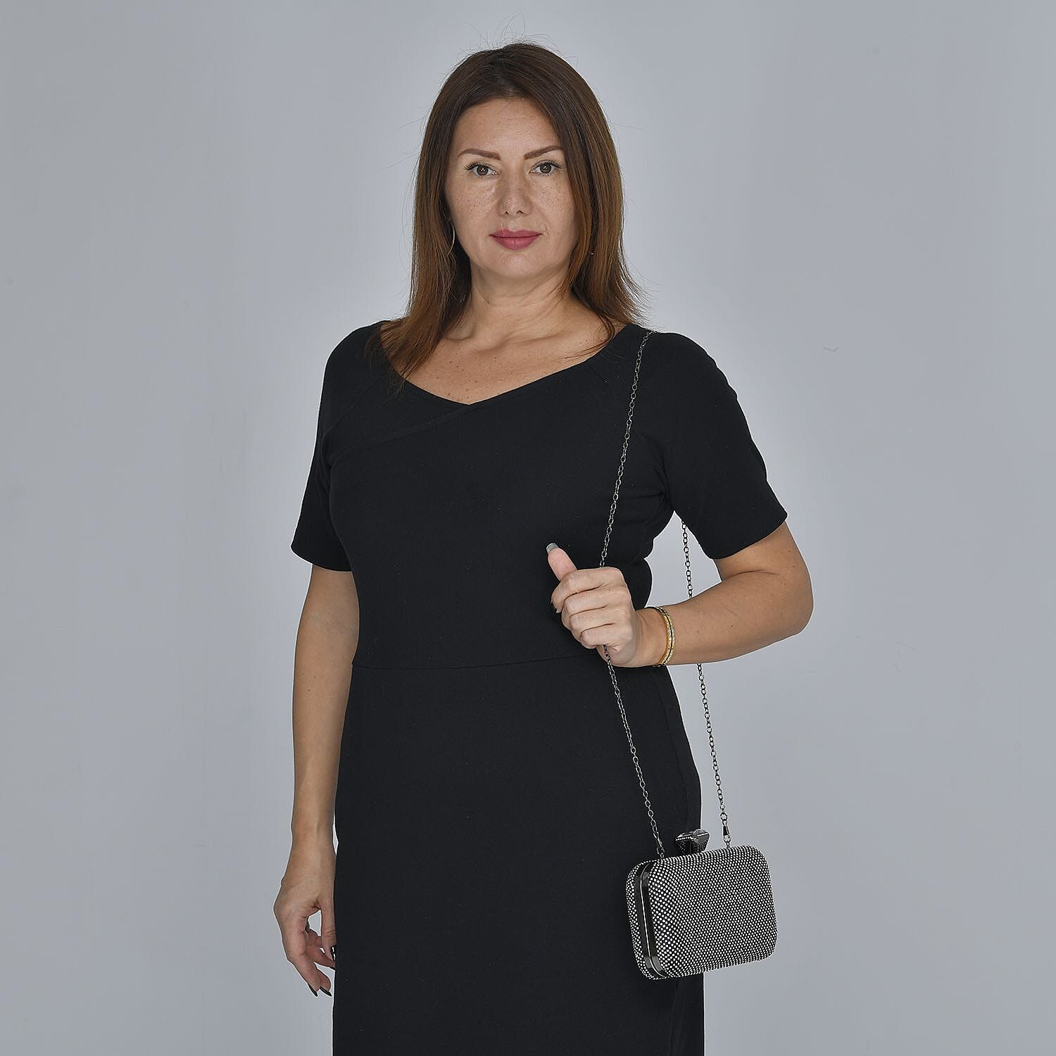 DOD - White Austrian Crystal Studded Clutch Bag with Long Chain Strap - Black