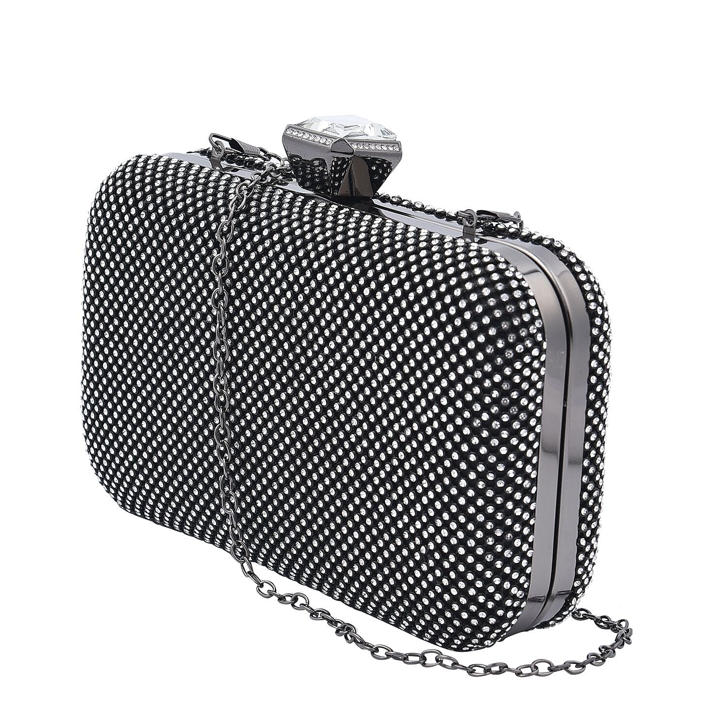 DOD - White Austrian Crystal Studded Clutch Bag with Long Chain Strap - Black