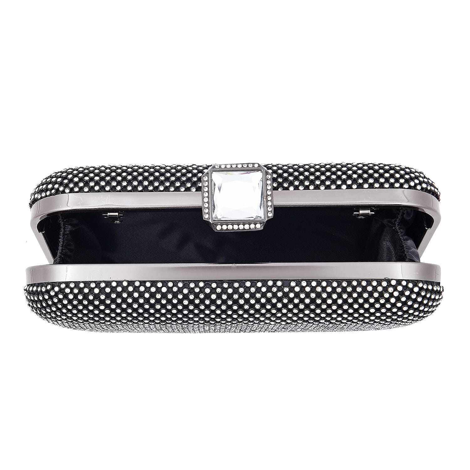DOD - White Austrian Crystal Studded Clutch Bag with Long Chain Strap - Black