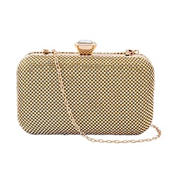 DOD - White Austrian Crystal Studded Clutch Bag with Long Chain Strap -Golden