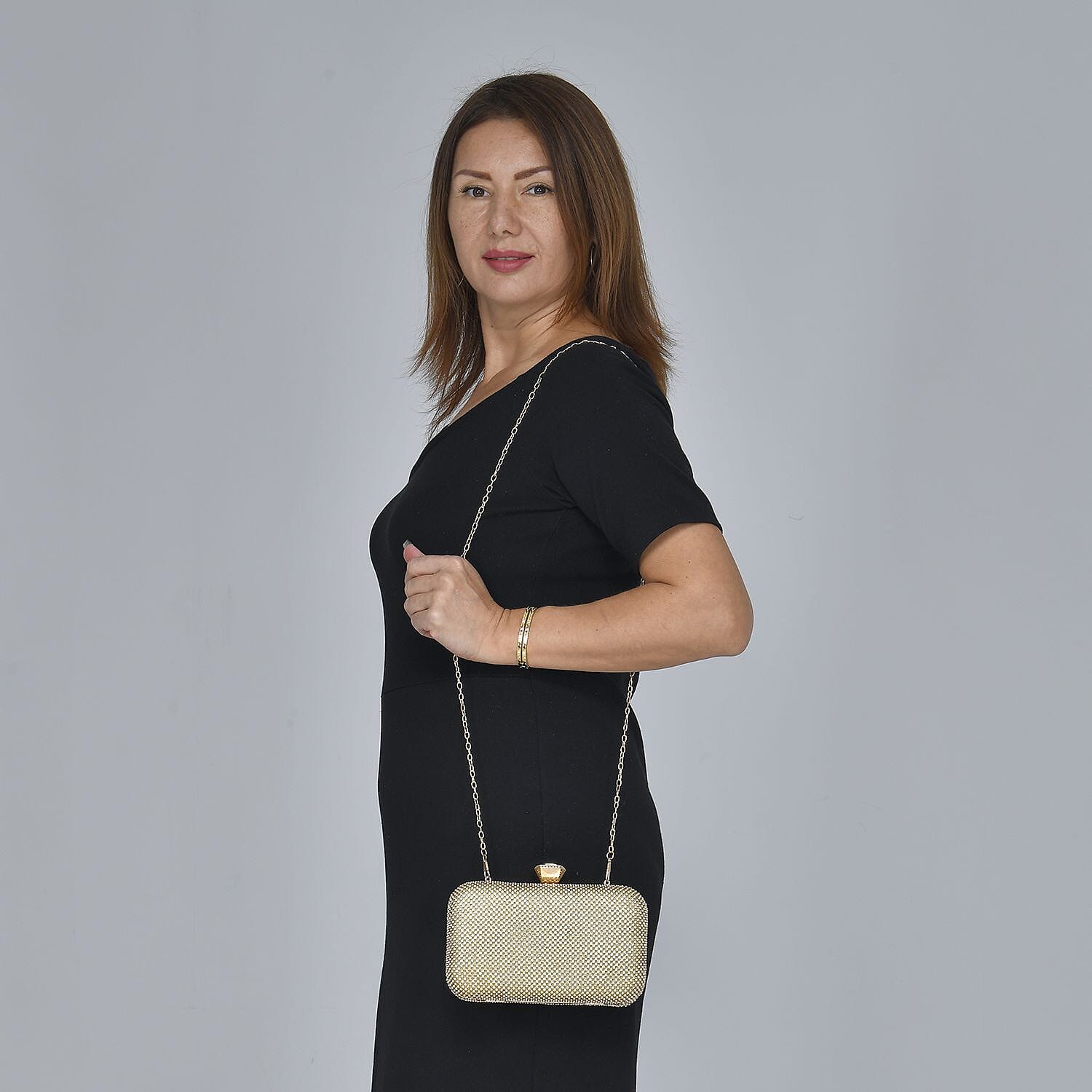 White Austrian Crystal Studded Clutch Bag with Long Chain Strap (Size 20x12x4 Cm) - Golden