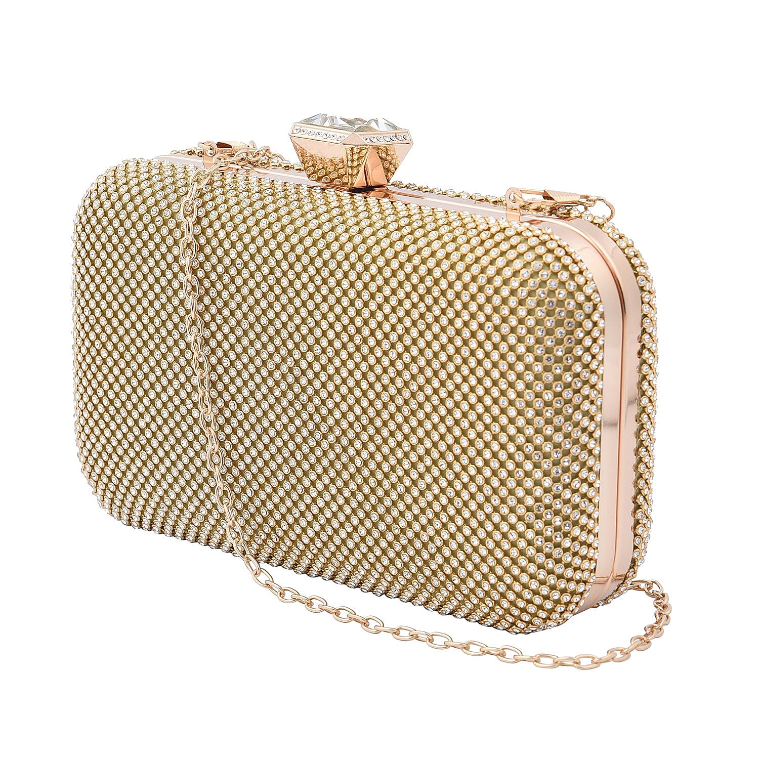 White Austrian Crystal Studded Clutch Bag with Long Chain Strap (Size 20x12x4 Cm) - Golden