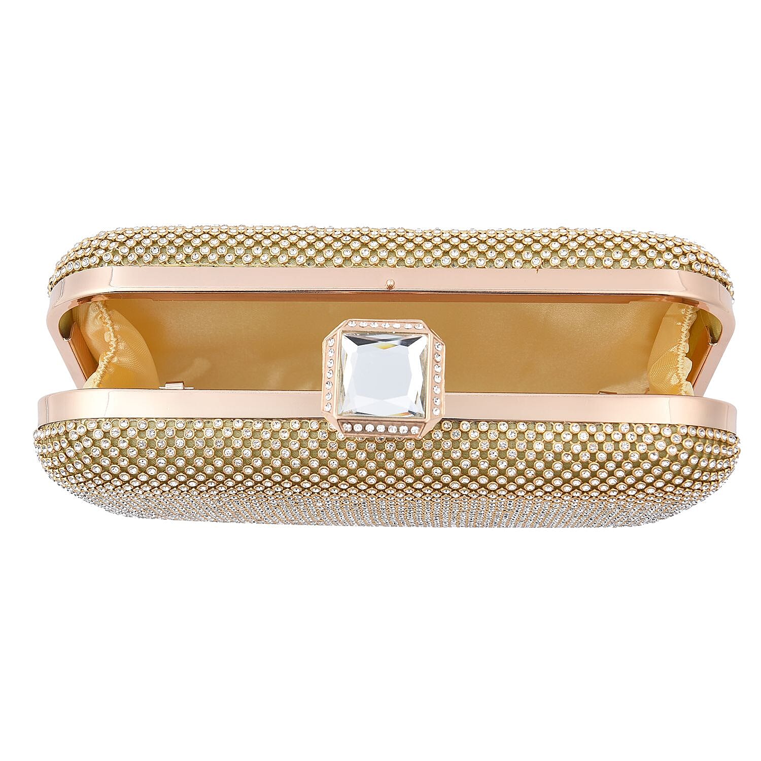 White Austrian Crystal Studded Clutch Bag with Long Chain Strap (Size 20x12x4 Cm) - Golden