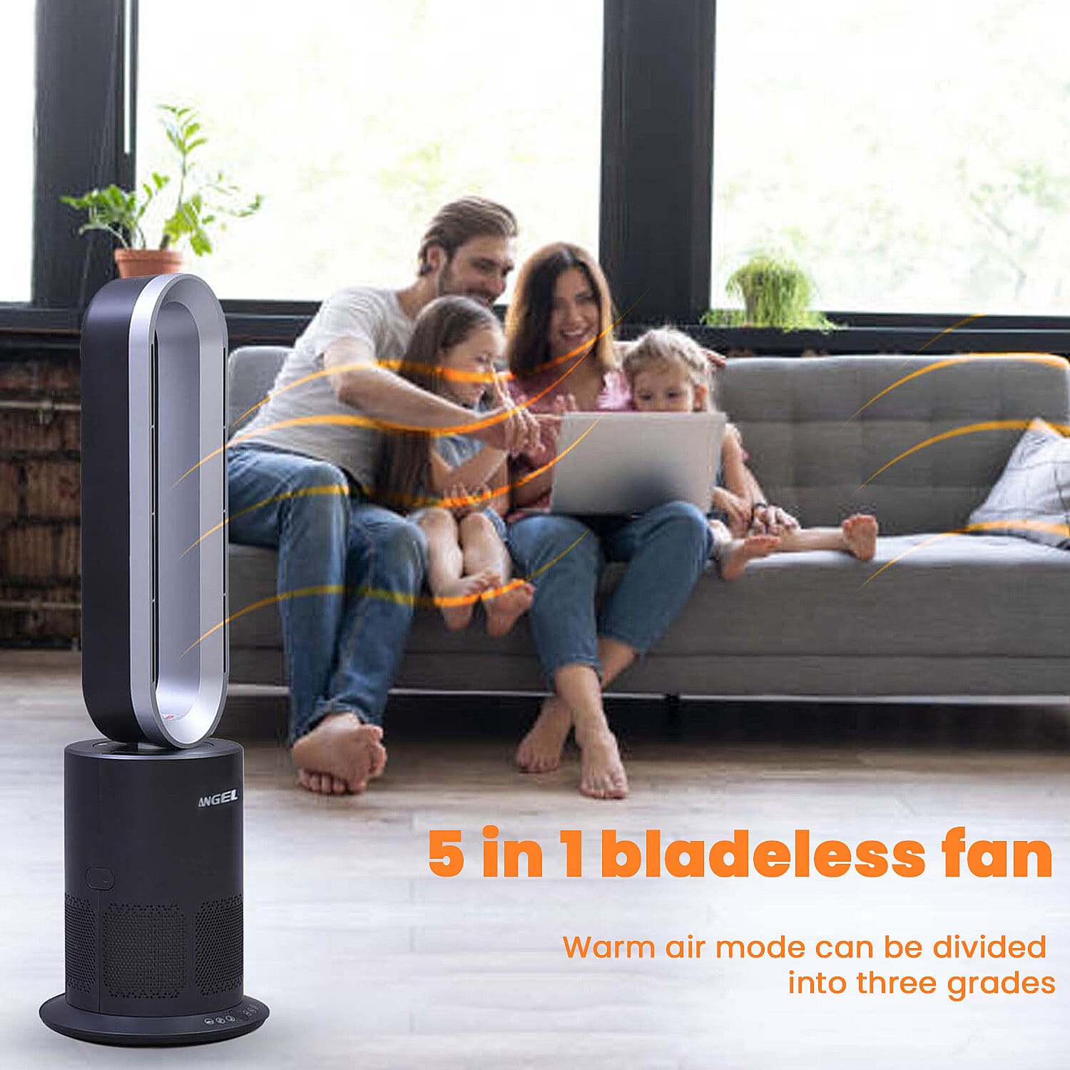 All Seasons 5 in 1 Electric Bladeless Fan-Heater with Remote Control, Air Purifier, Ionizer with HEPA Filter (86Cm) - Grey & Silver