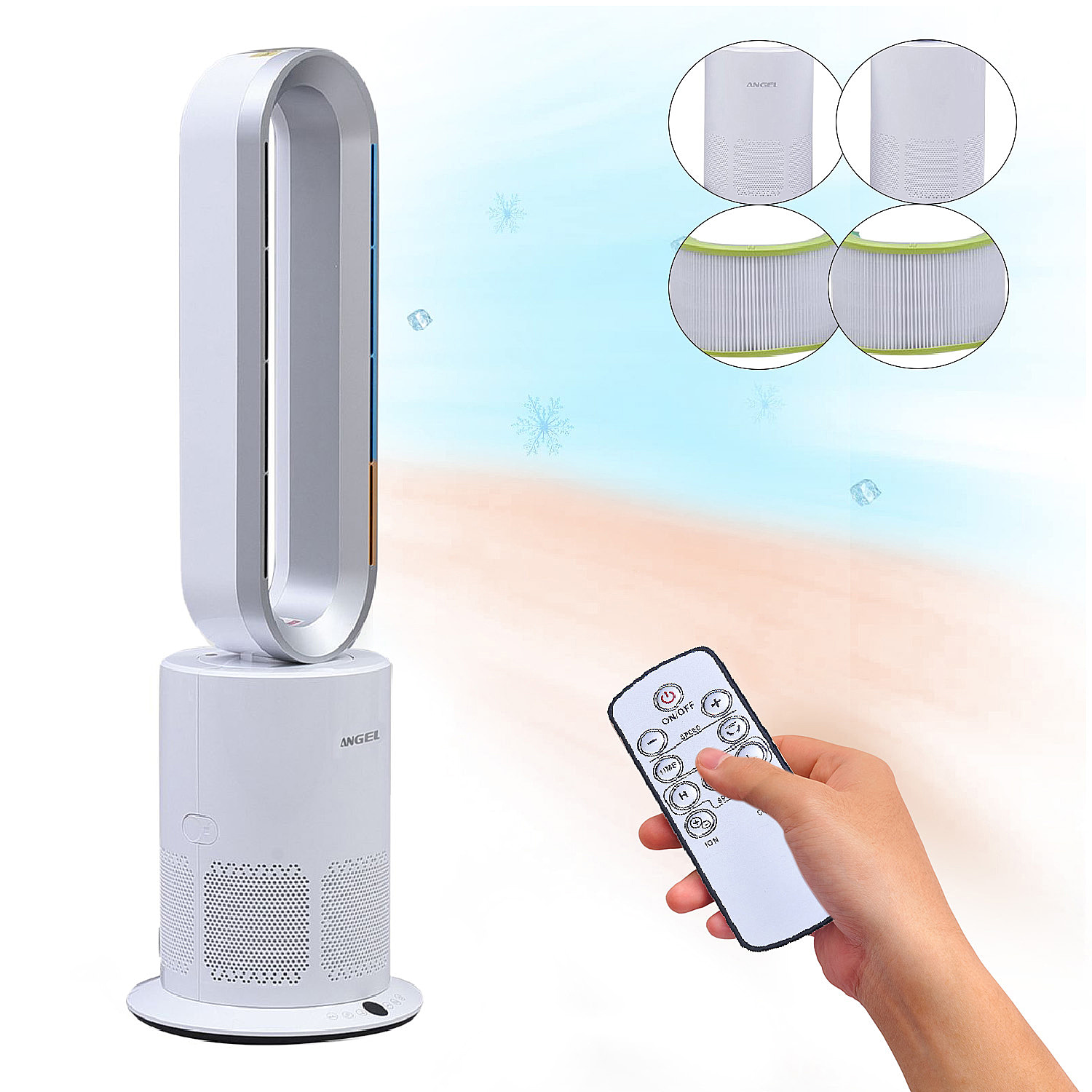 5 in 1 Electric Bladeless Heater/Fan with Remote Control, Air Purifier with HEPA Filter (86Cm) - White and Silver