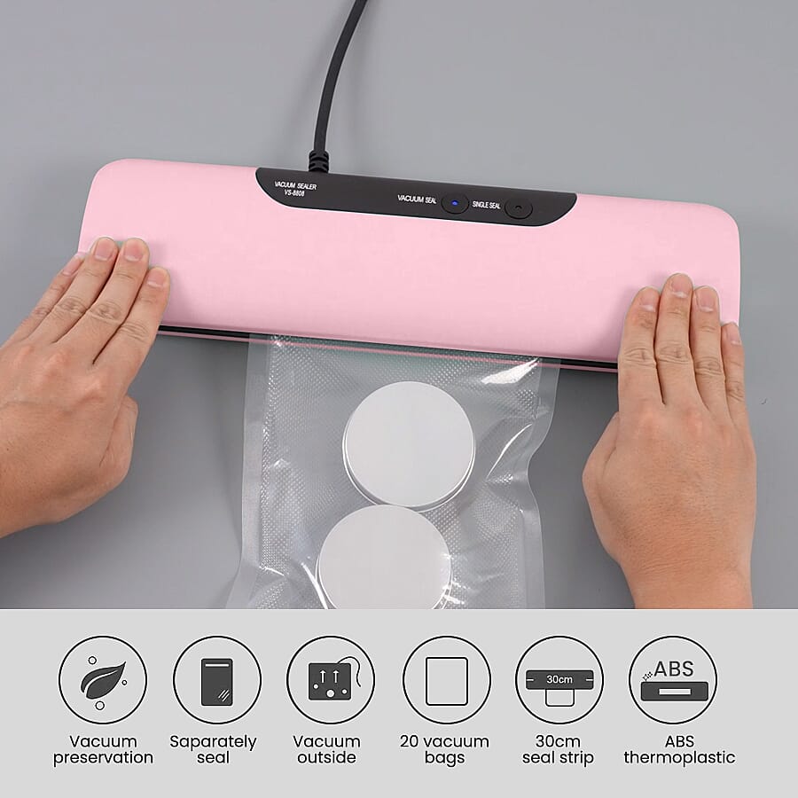 Money Saving Homesmart Automatic Vacuum Sealer Machine for Food Preservation with 20 Pcs Vacuum Bags - Pink