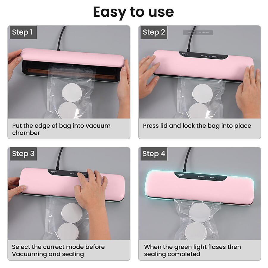 Money Saving Homesmart Automatic Vacuum Sealer Machine for Food Preservation with 20 Pcs Vacuum Bags - Pink