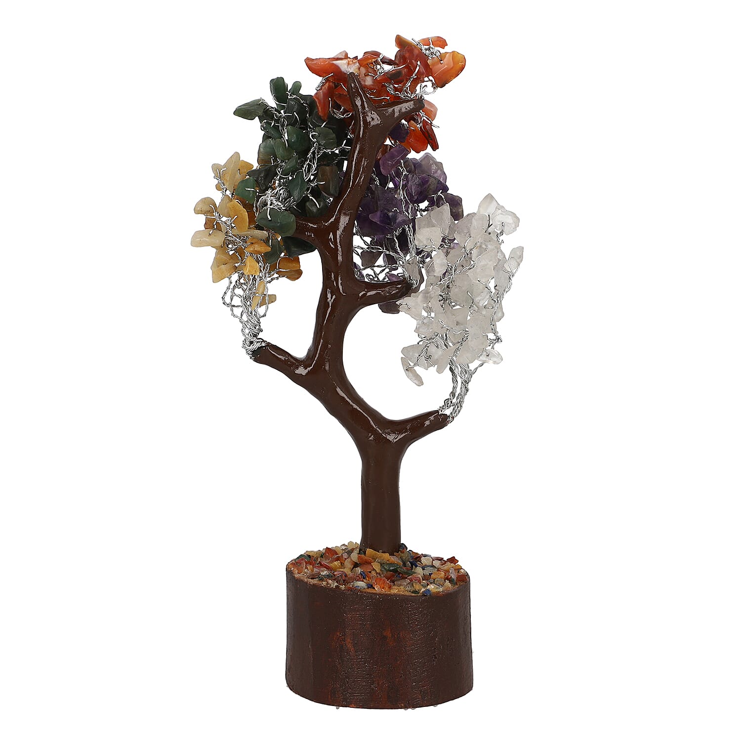 Handmade Multi Gemstone Bonsai Feng Shui Tree with Wooden Base (Size 23 Cm)