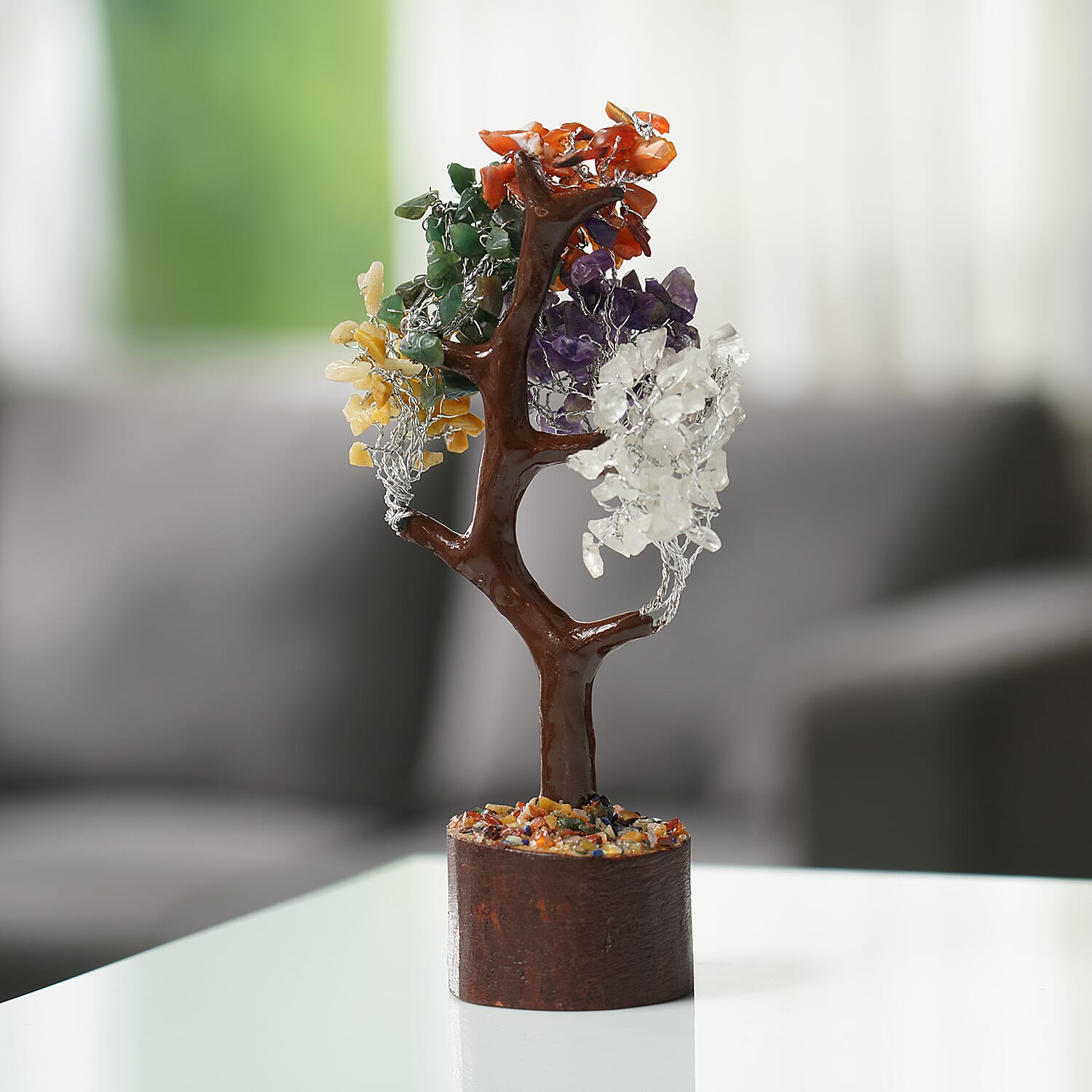 Handmade Multi Gemstone Bonsai Feng Shui Tree with Wooden Base (Size 23 Cm)