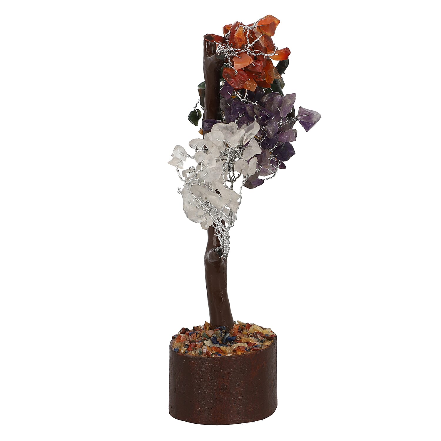 Handmade Multi Gemstone Bonsai Feng Shui Tree with Wooden Base (Size 23 Cm)