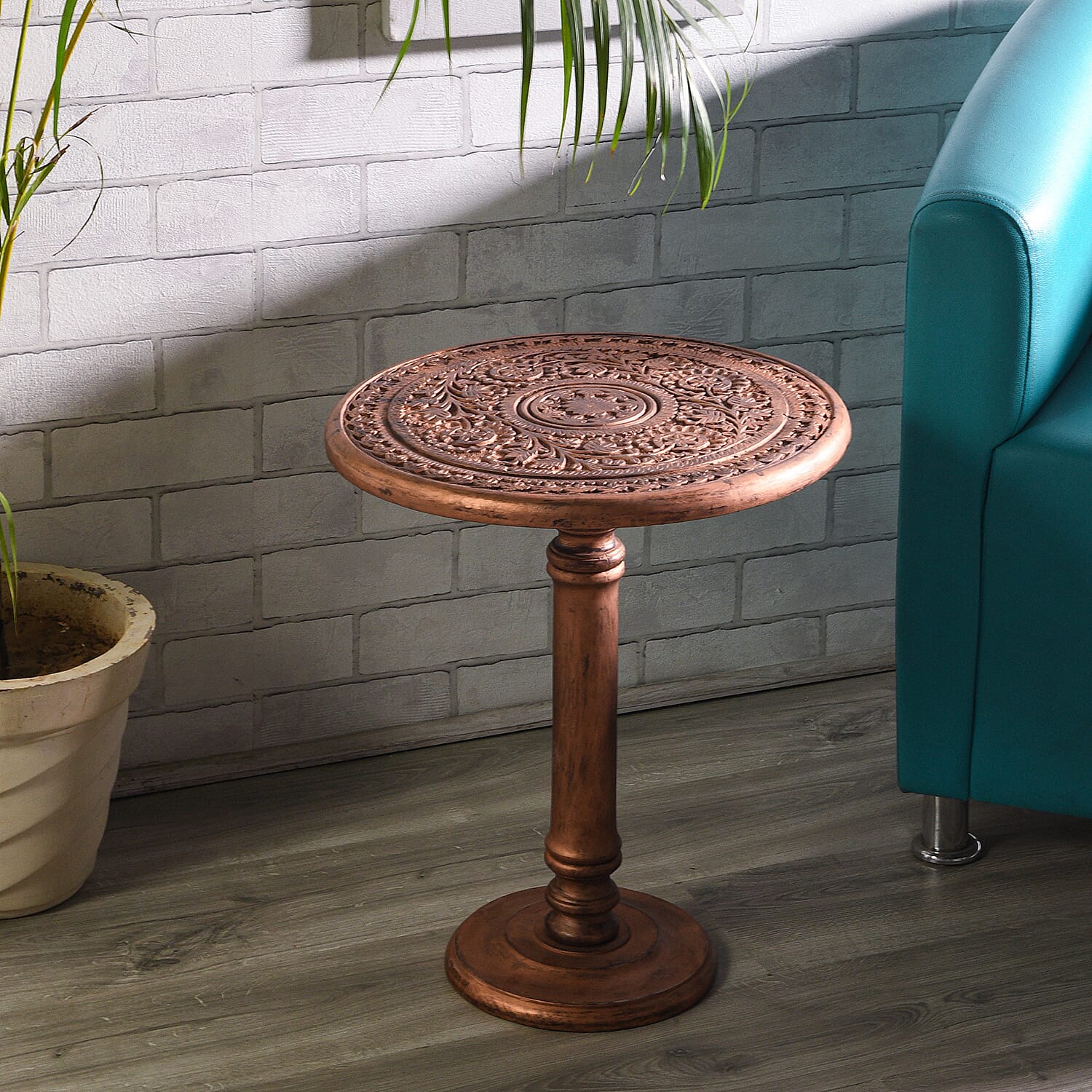 NAKKASHI Mango Wood Hand Carved Table (Knock Down) (Size 53x45 Cm)