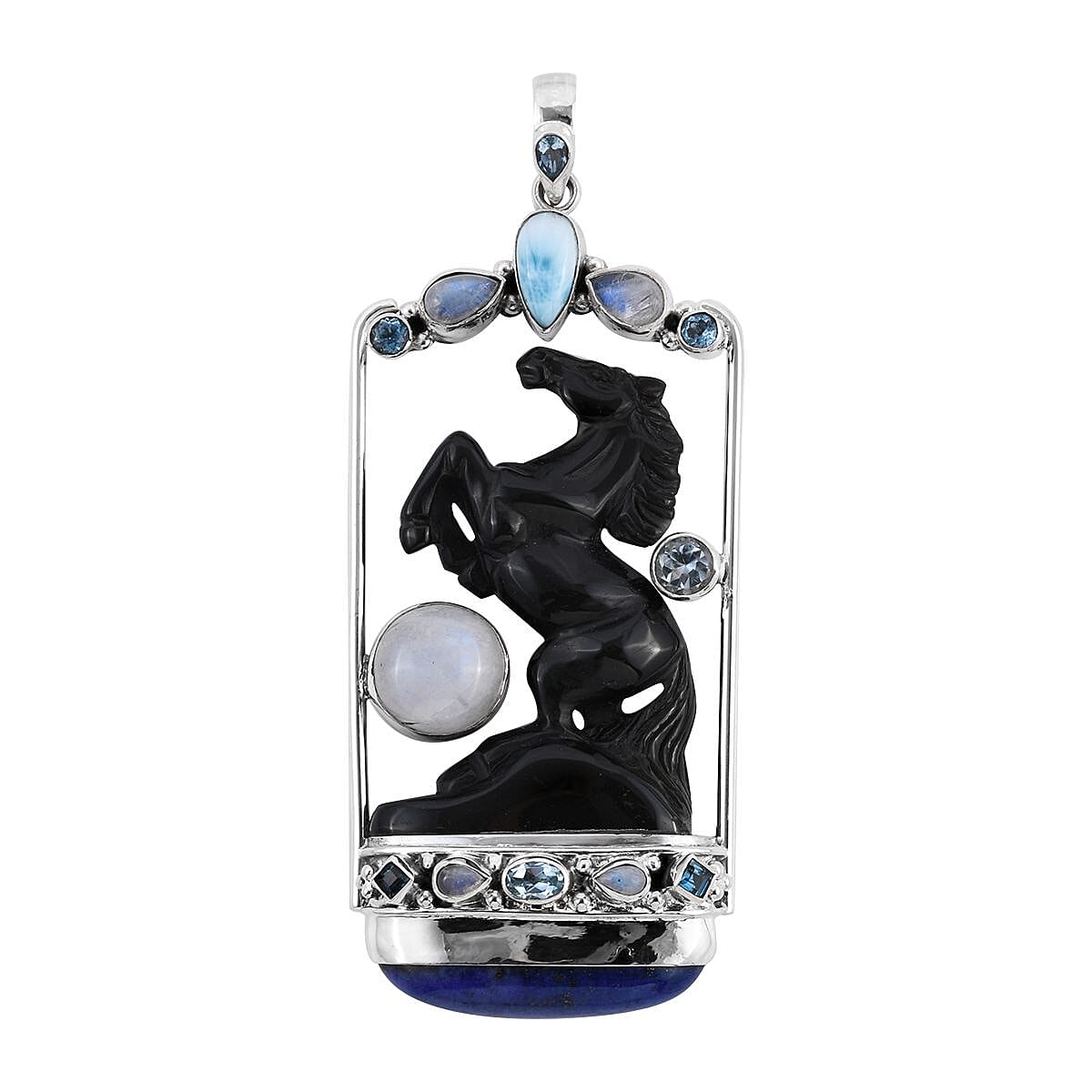 Royal Bali - Ashwa Rainbow Obsidian and Multi Gemstone Pendant in Sterling Silver 116.75 Ct, Silver Wt. 22.00 Gms