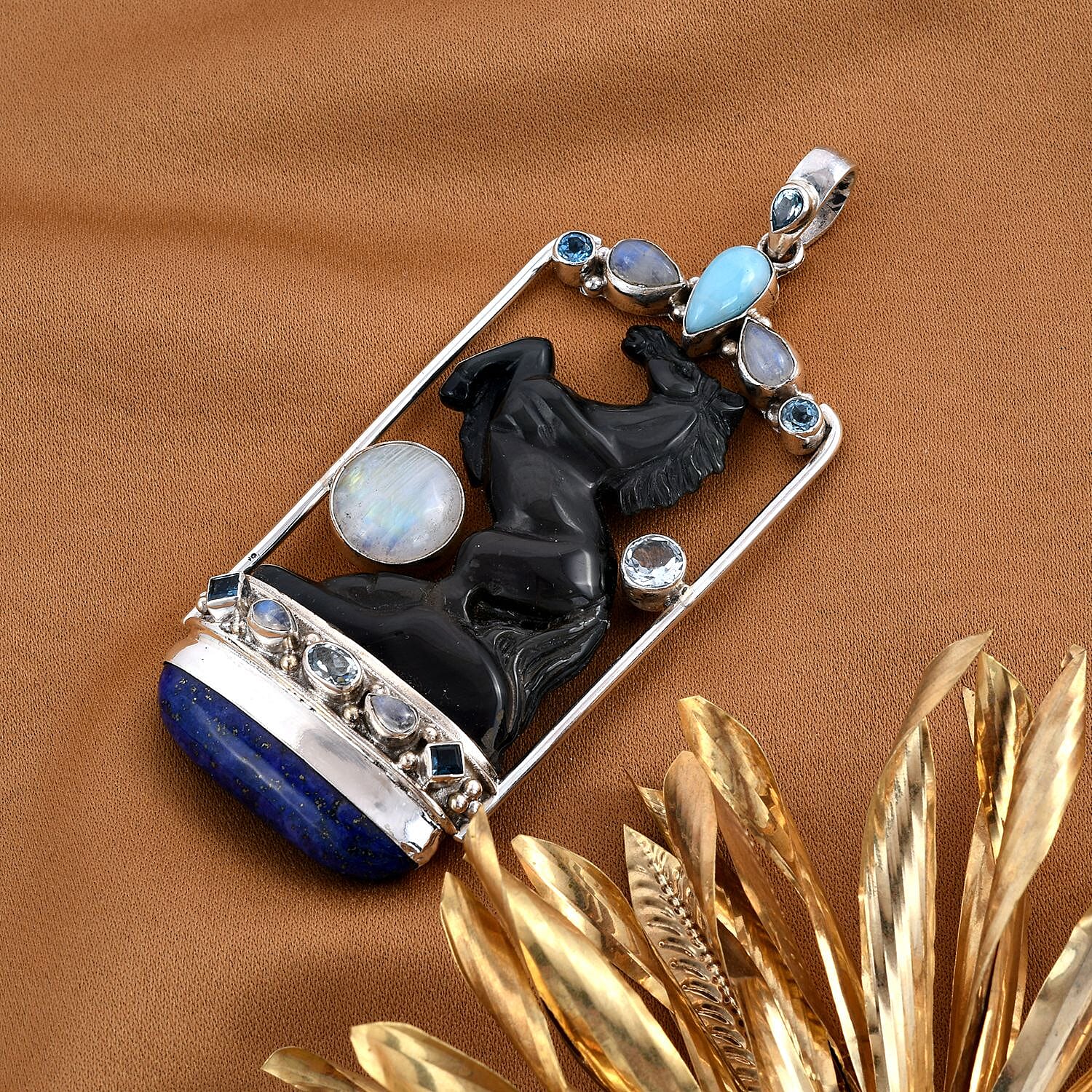 Royal Bali - Ashwa Rainbow Obsidian and Multi Gemstone Pendant in Sterling Silver 116.75 Ct, Silver Wt. 22.00 Gms
