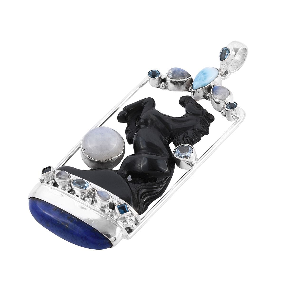 Royal Bali - Ashwa Rainbow Obsidian and Multi Gemstone Pendant in Sterling Silver 116.75 Ct, Silver Wt. 22.00 Gms