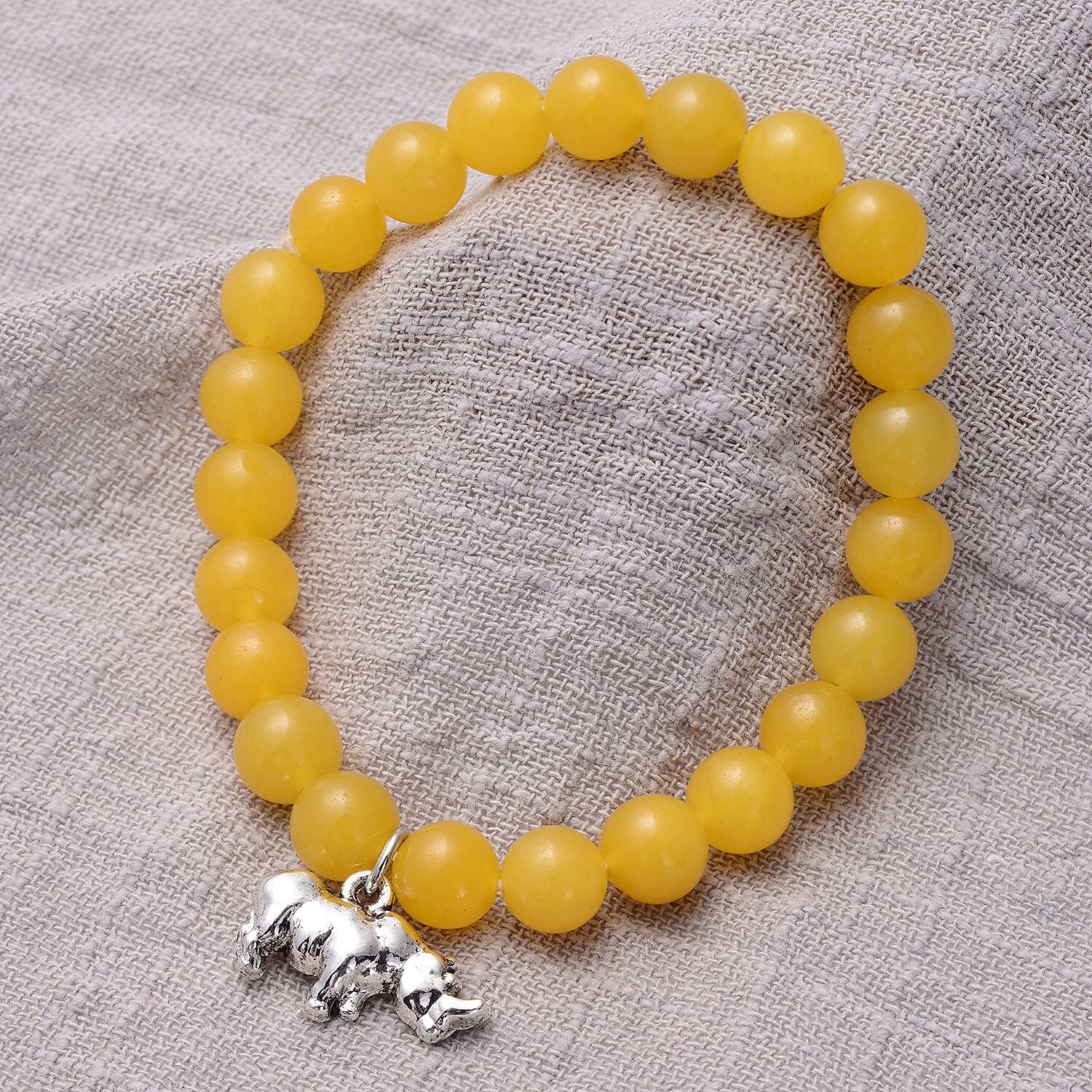 Yellow Quartzite Charm Bracelet (Size - 7.0 Strechable) in Antique Silver Tone
