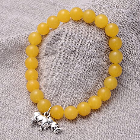 Yellow Quartzite Charm Bracelet (Size - 7.0 Strechable) in Antique Silver Tone