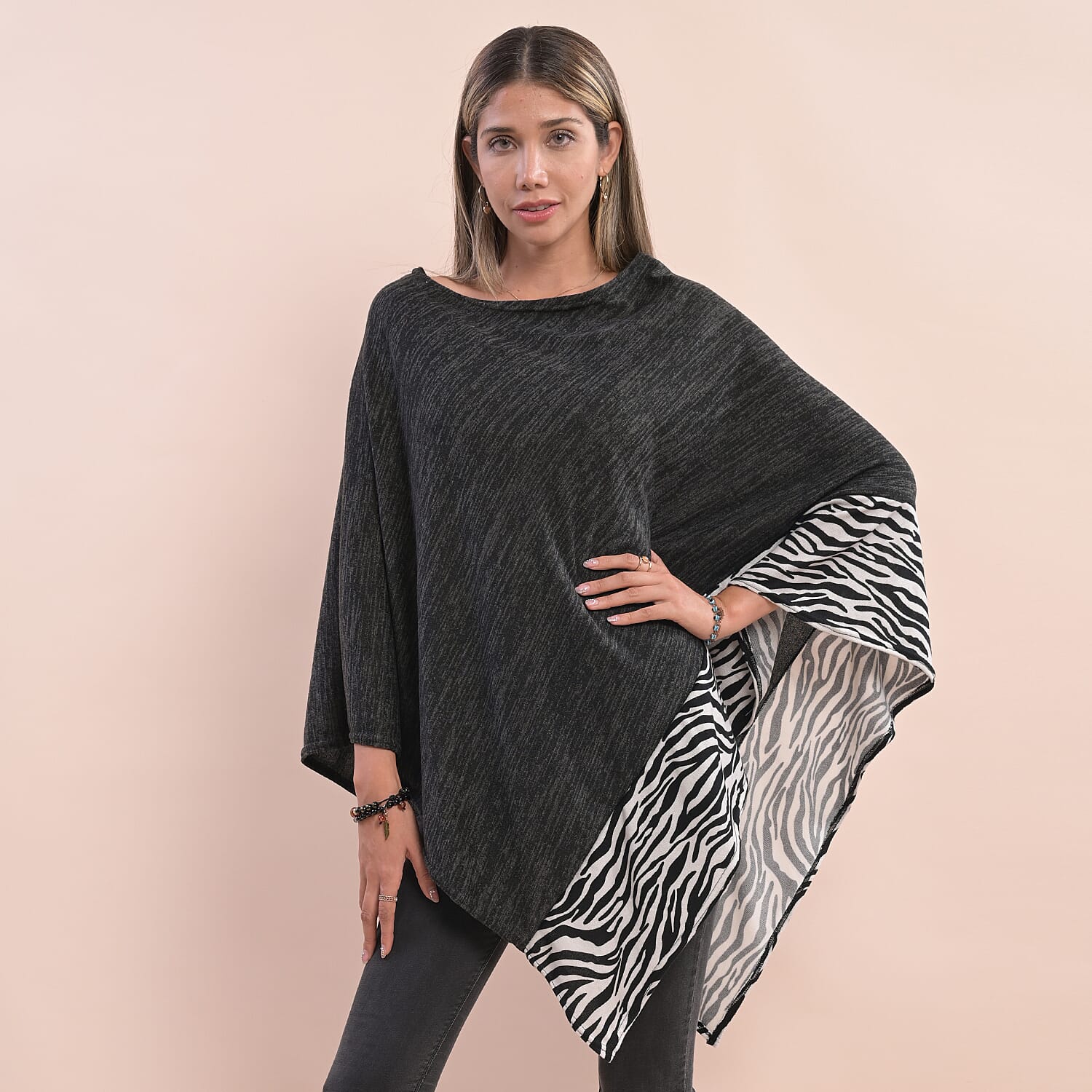 Knit Poncho with Zebra Print Border - Black and White