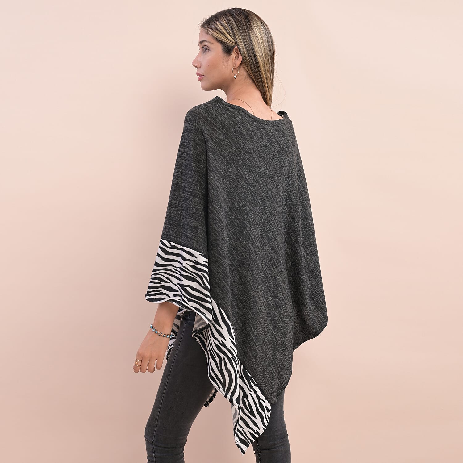 Knit Poncho with Zebra Print Border - Black and White