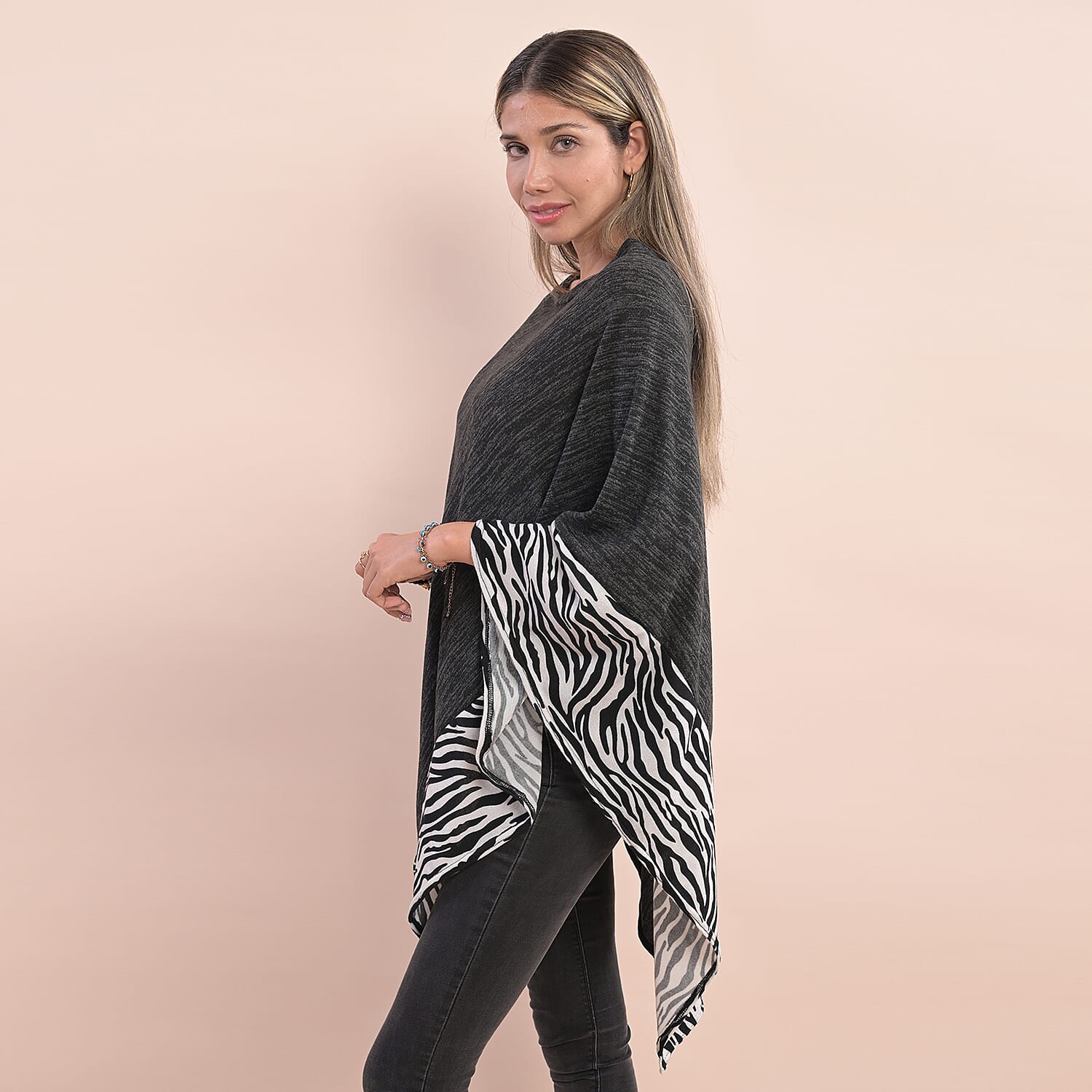 Knit Poncho with Zebra Print Border - Black and White