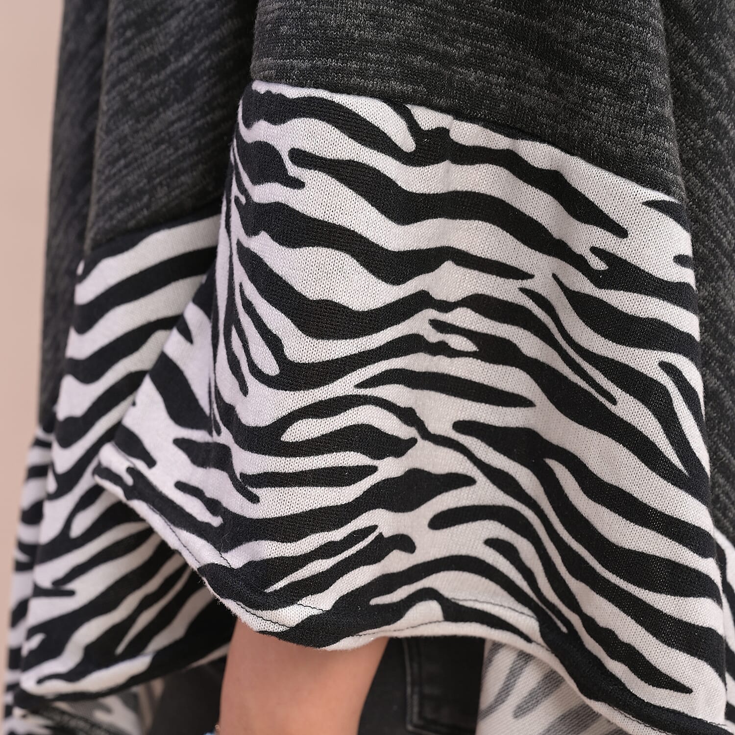 Knit Poncho with Zebra Print Border - Black and White