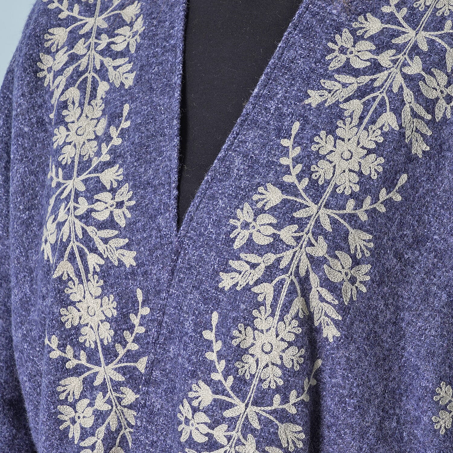 TAMSY Floral Embroidery Long Sleeves Kimono - Navy & Light Grey