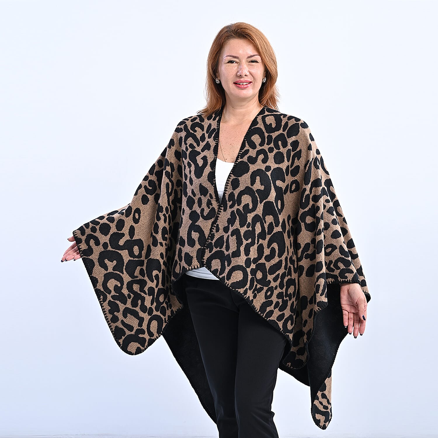 100% Acrylic Leopard Pattern Knitted Kimono (Size 138x71 Cm) - Beige & Black