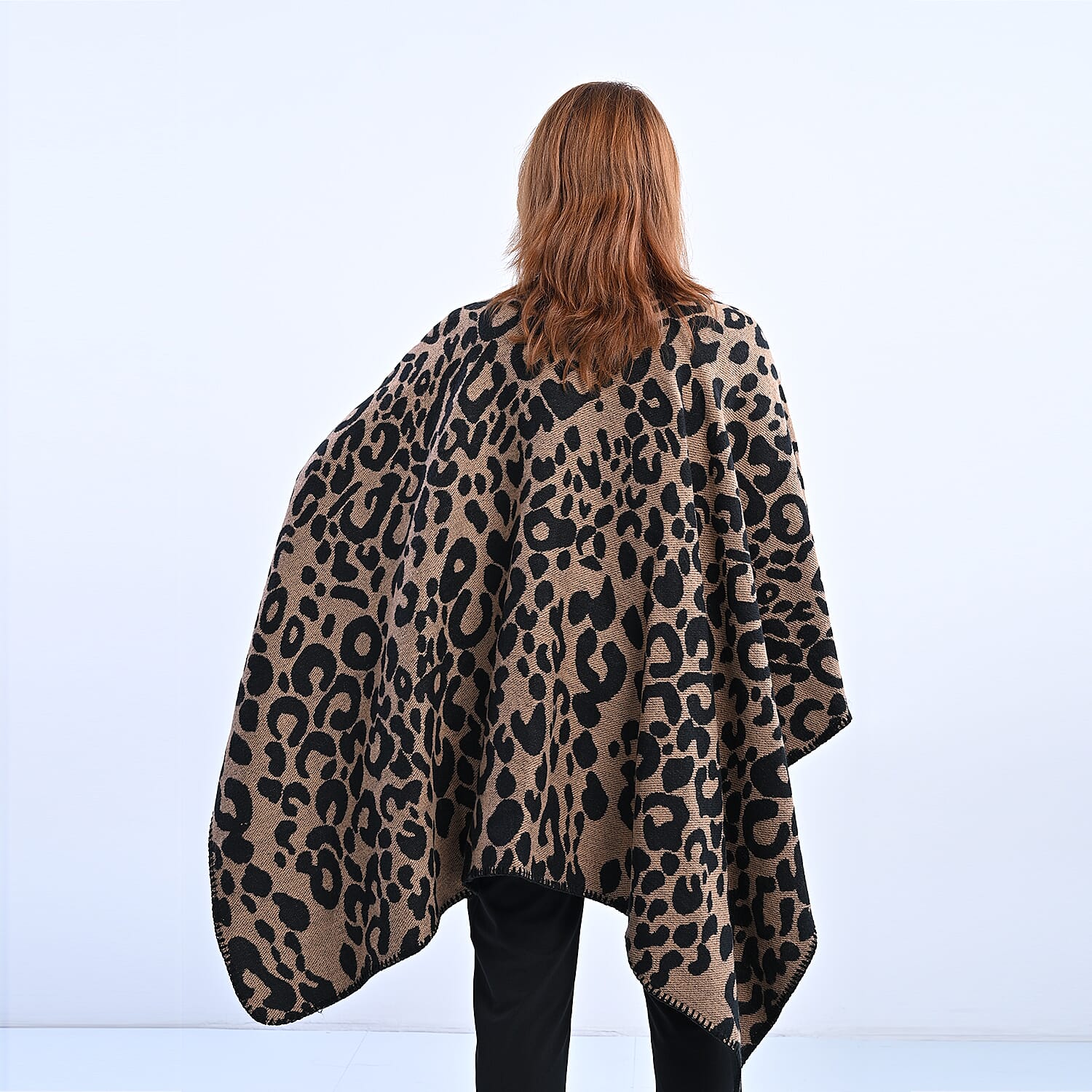 100% Acrylic Leopard Pattern Knitted Kimono (Size 138x71 Cm) - Beige & Black