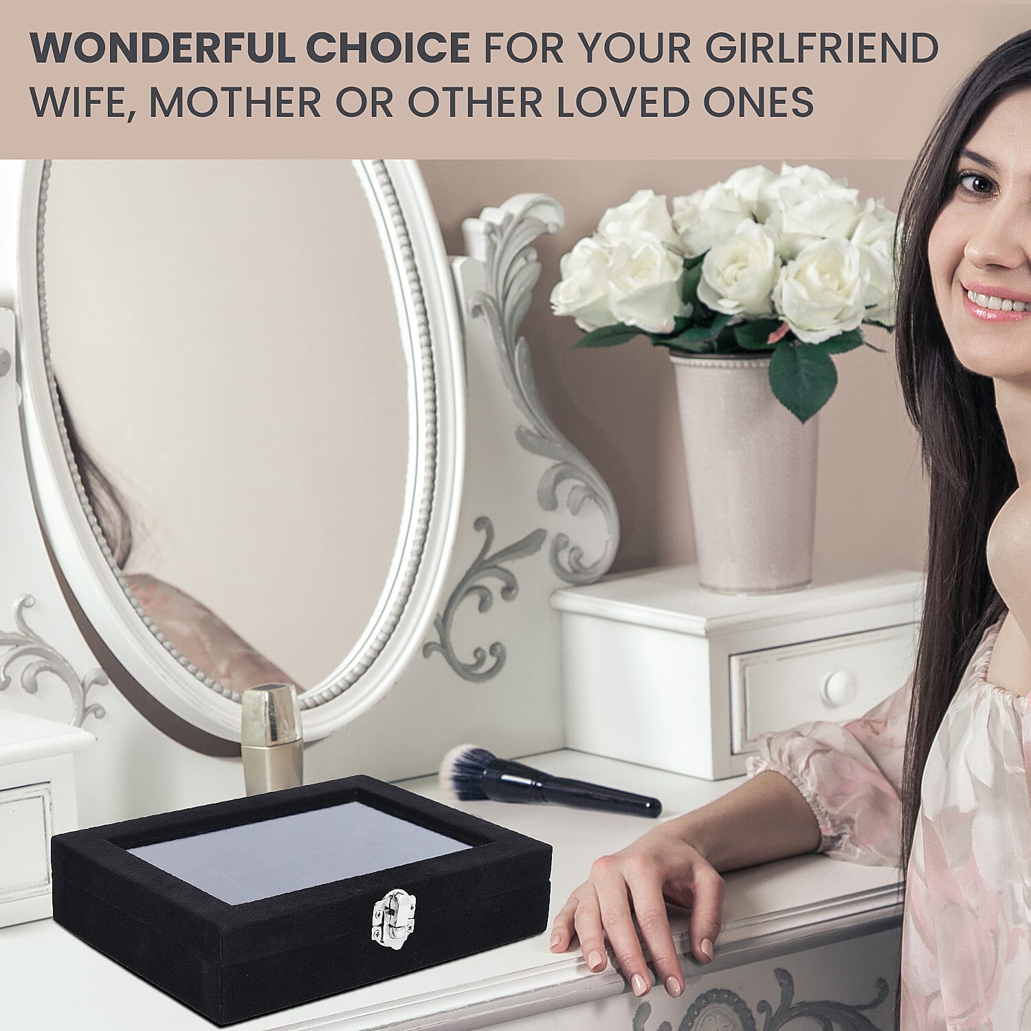 Velvet Jewellery Box: Ring + 9 Sections Box, Glass Window with Steel Colour Lock  - Black