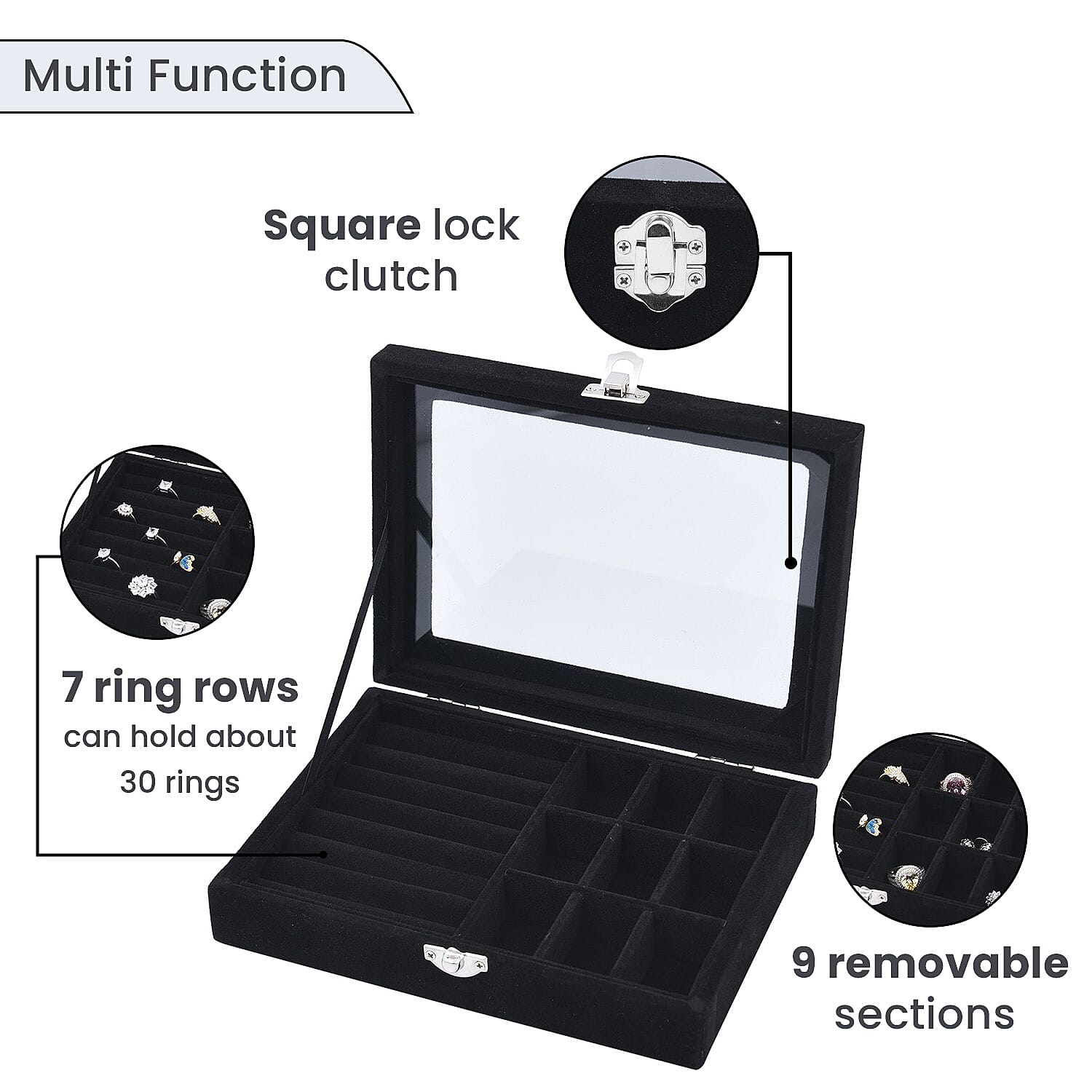Velvet Jewellery Box: Ring + 9 Sections Box, Glass Window with Steel Colour Lock  - Black