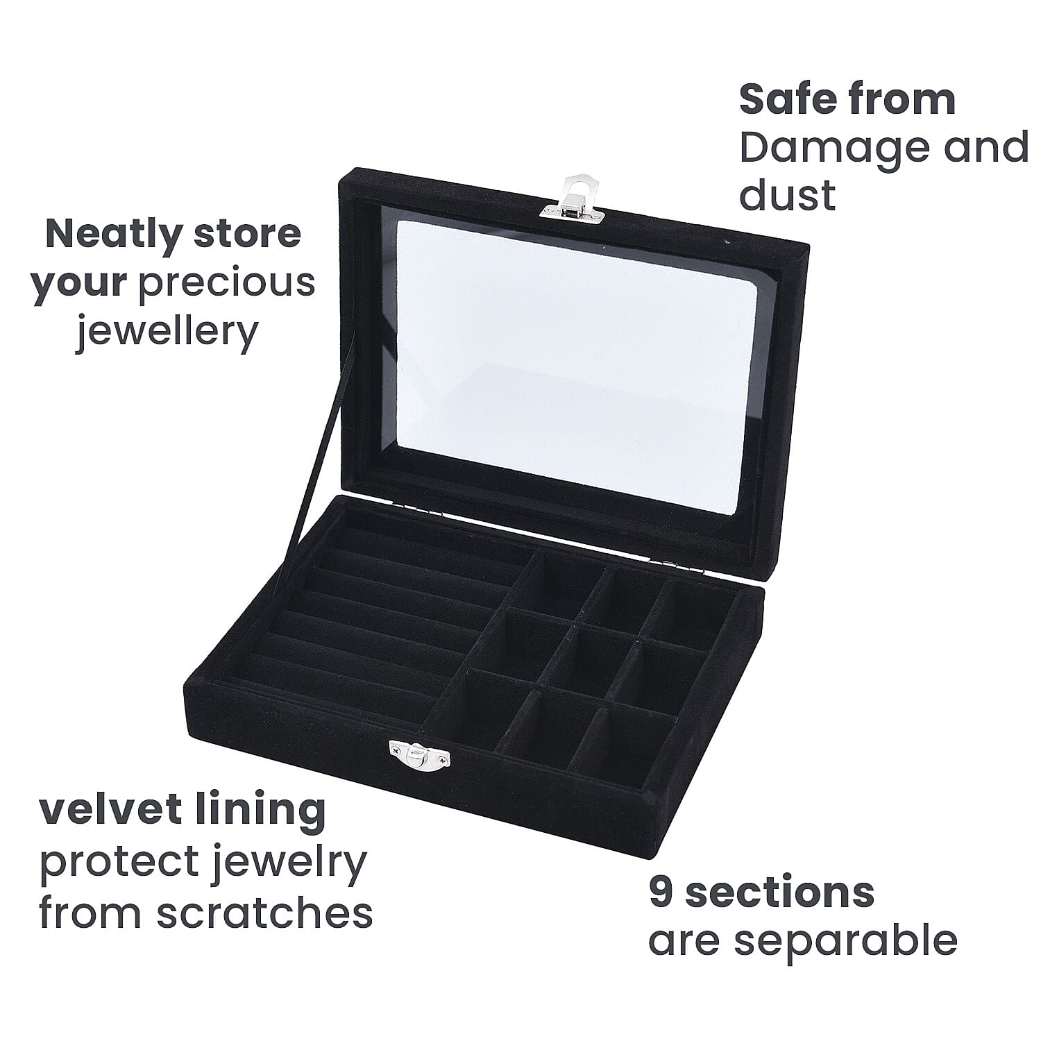 Velvet Jewellery Box: Ring + 9 Sections Box, Glass Window with Steel Colour Lock  - Black
