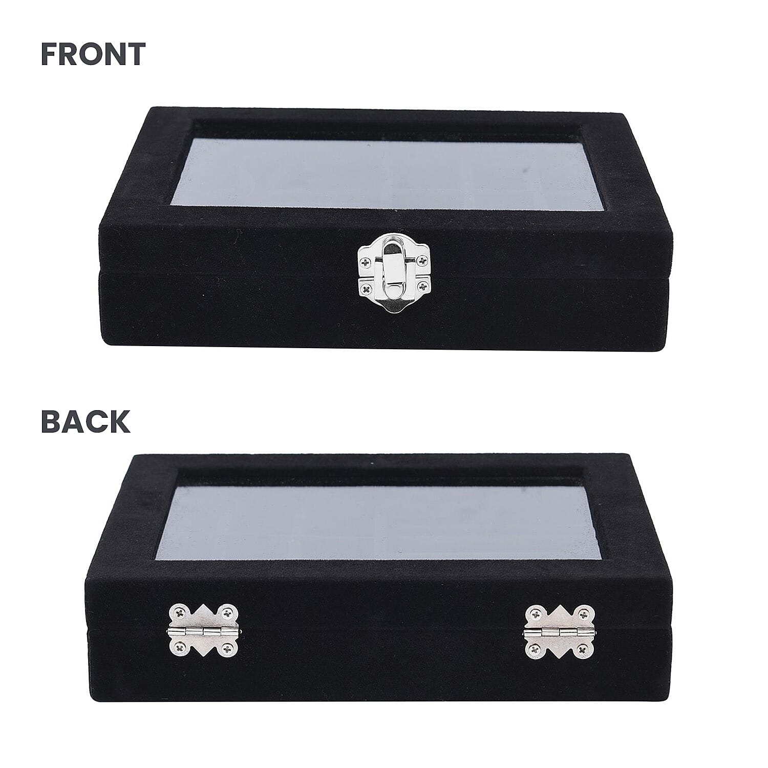 Velvet Jewellery Box: Ring + 9 Sections Box, Glass Window with Steel Colour Lock  - Black
