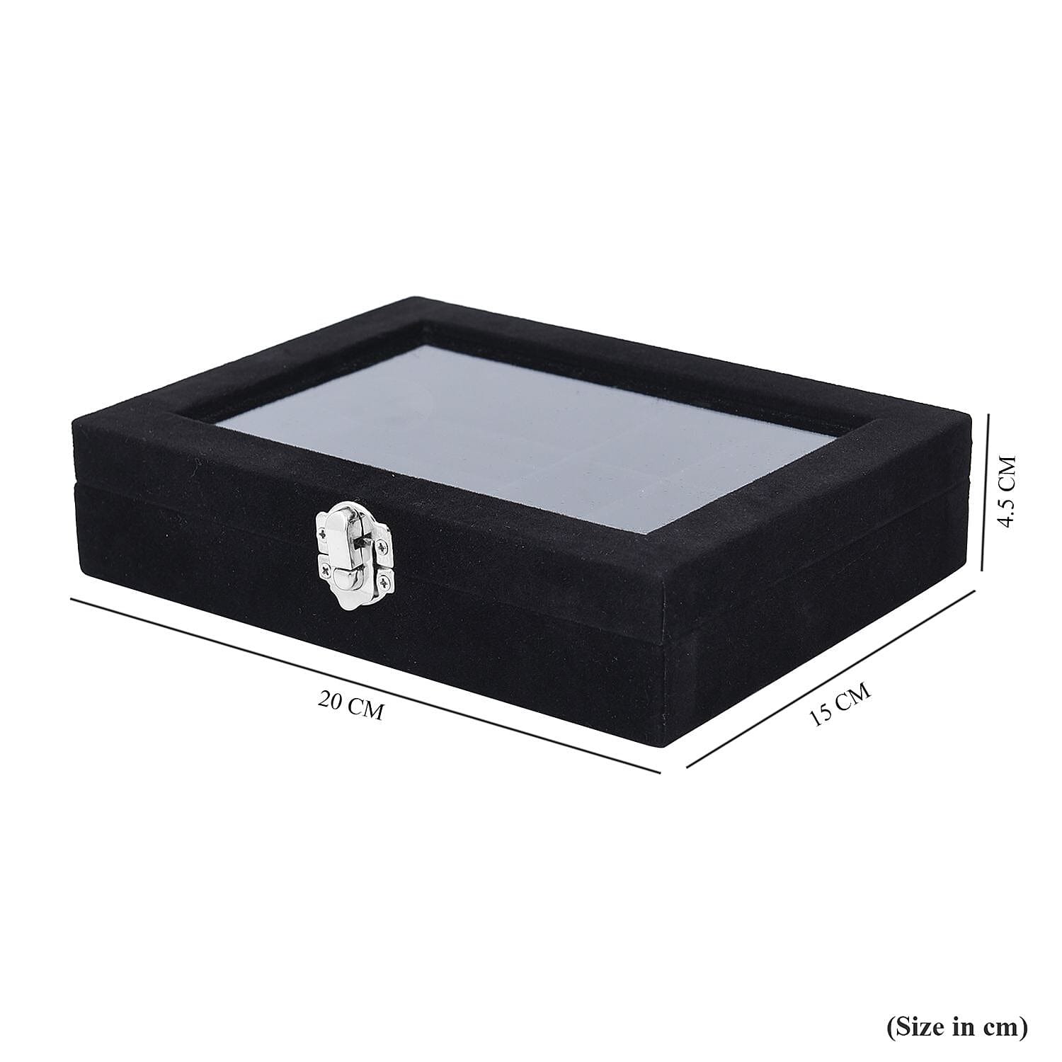 Velvet Jewellery Box: Ring + 9 Sections Box, Glass Window with Steel Colour Lock  - Black
