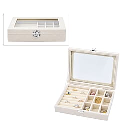 Velvet Jewellery Box: Ring + 9 Sections Box, Glass Window with Steel Colour Lock  - Cream
