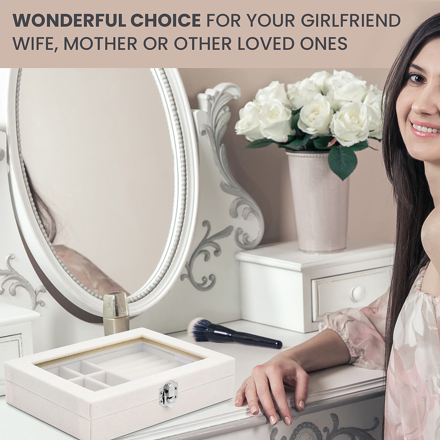 Velvet Jewellery Box- Ring - 9 Sections Box, Glass Window with Steel Colour Lock (Size20x15x4 Cm) - Cream