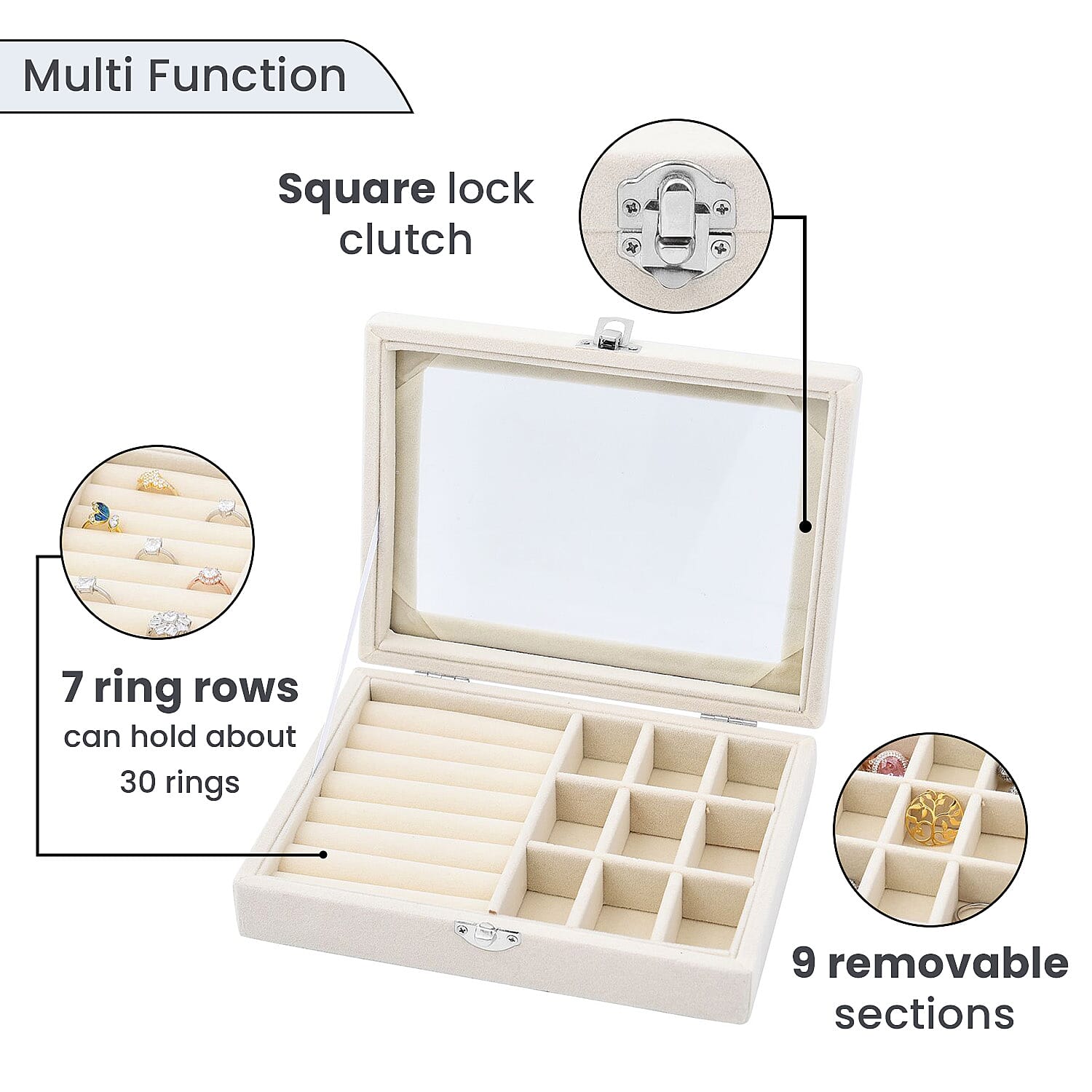 Velvet Jewellery Box- Ring - 9 Sections Box, Glass Window with Steel Colour Lock (Size20x15x4 Cm) - Cream