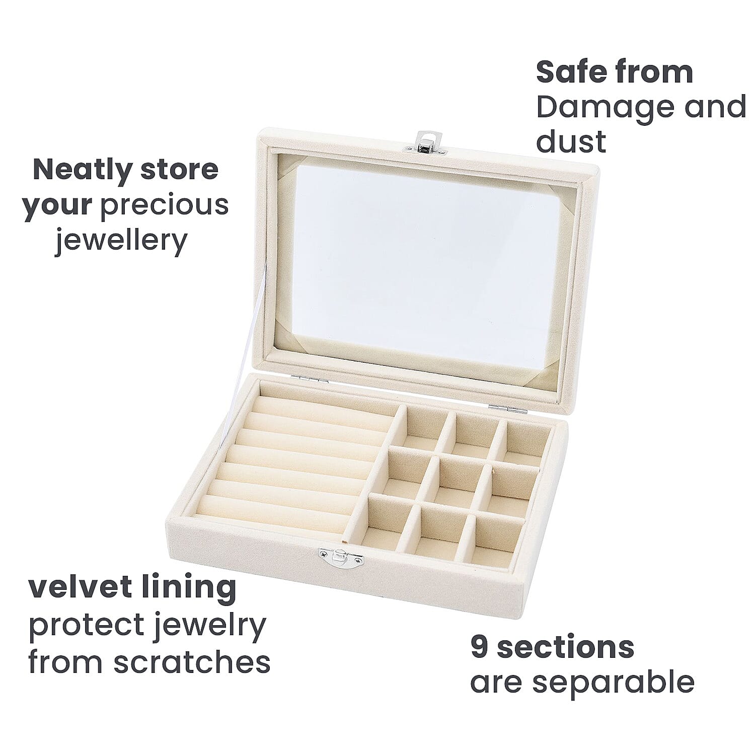 Velvet Jewellery Box- Ring - 9 Sections Box, Glass Window with Steel Colour Lock (Size20x15x4 Cm) - Cream