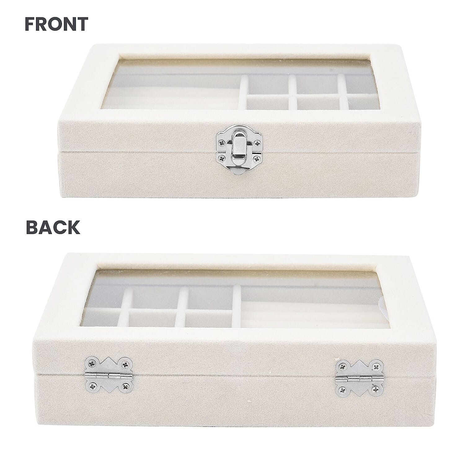 Velvet Jewellery Box- Ring - 9 Sections Box, Glass Window with Steel Colour Lock (Size20x15x4 Cm) - Cream