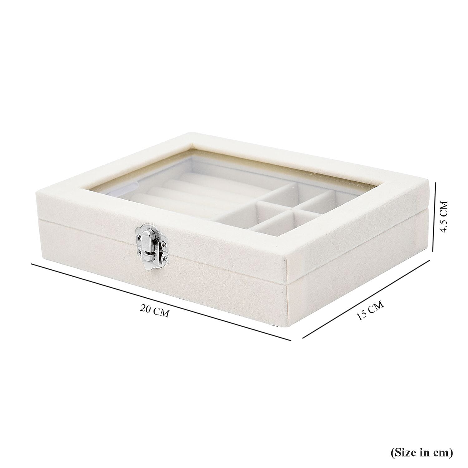 Velvet Jewellery Box- Ring - 9 Sections Box, Glass Window with Steel Colour Lock (Size20x15x4 Cm) - Cream