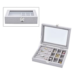 Velvet Jewellery Box: Ring + 9 Sections Box, Glass Window with Steel Colour Lock  - Grey