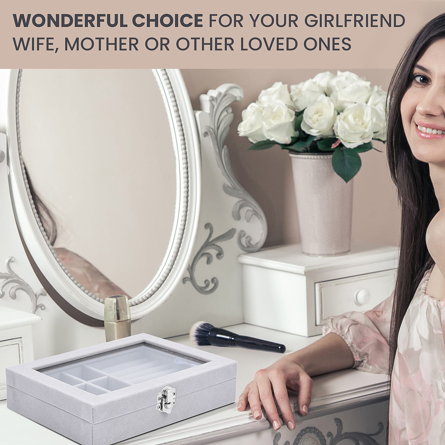 Velvet Jewellery Box- Ring - 9 Sections Box, Glass Window with Steel Colour Lock (Size20x15x4 Cm) - Grey