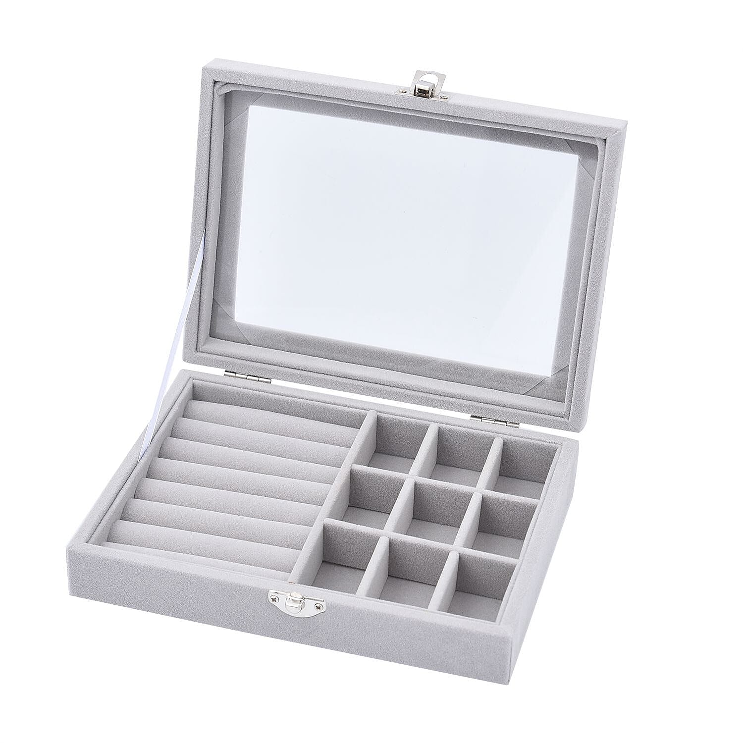 Velvet Jewellery Box- Ring - 9 Sections Box, Glass Window with Steel Colour Lock (Size20x15x4 Cm) - Grey