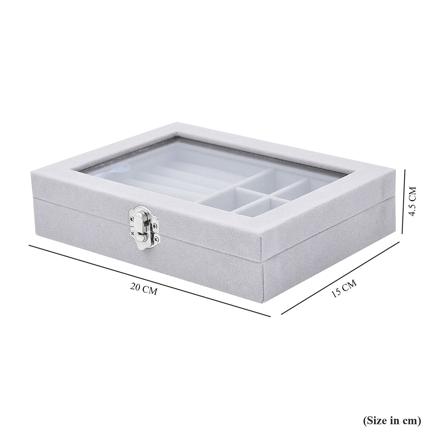 Velvet Jewellery Box- Ring - 9 Sections Box, Glass Window with Steel Colour Lock (Size20x15x4 Cm) - Grey