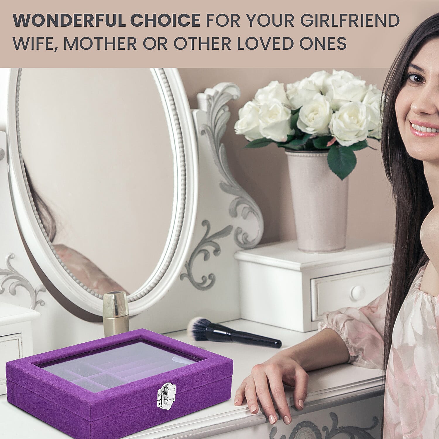 Velvet Jewellery Box- Ring - 9 Sections Box, Glass Window with Steel Colour Lock (Size20x15x4 Cm) - Purple