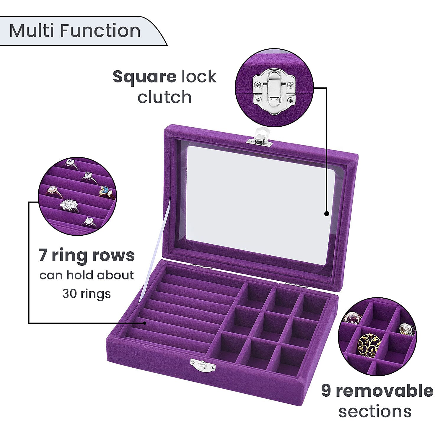 Velvet Jewellery Box- Ring - 9 Sections Box, Glass Window with Steel Colour Lock (Size20x15x4 Cm) - Purple