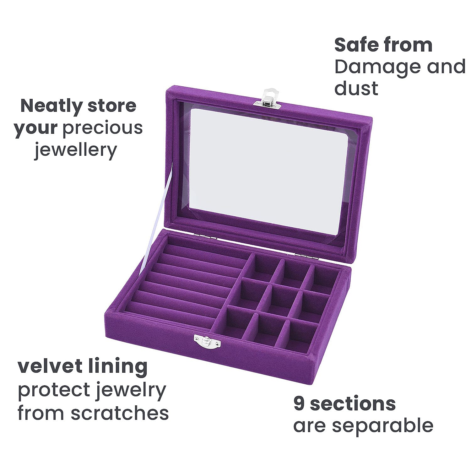 Velvet Jewellery Box- Ring - 9 Sections Box, Glass Window with Steel Colour Lock (Size20x15x4 Cm) - Purple